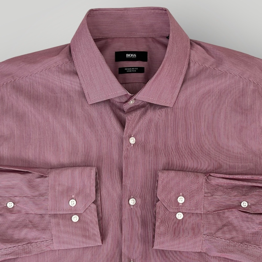 Hugo Boss Red Stripe Shirt Sz 17.5 44 Stretch Button Up 100% Cotton Long Sleeves
